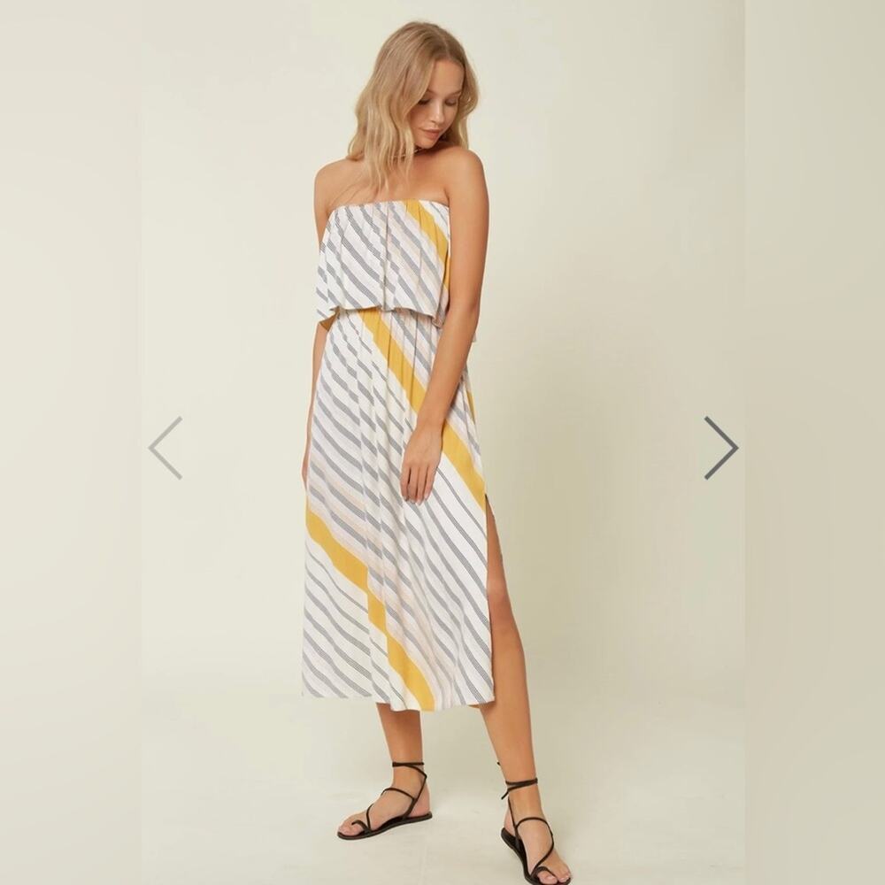 O'Neill Koi Yellow Stripe Strapless Ruffle Flounce Bodice Midi Dress Medium